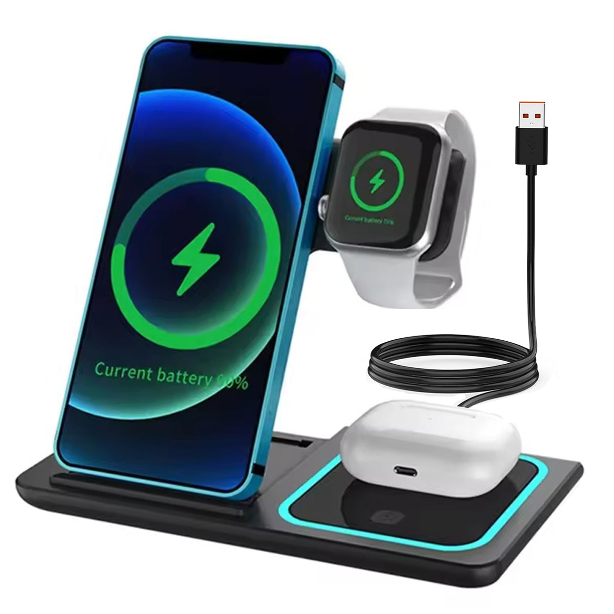 3-in-1 Wireless Charger Station for iPhone 17/16/15/14/13/12/Pro Max, Apple Watch Ultra 11/10/9/8/7/SE/6/5/4/3/2/1 & AirPods 4/3/Pro Samsung S24/S23/S22