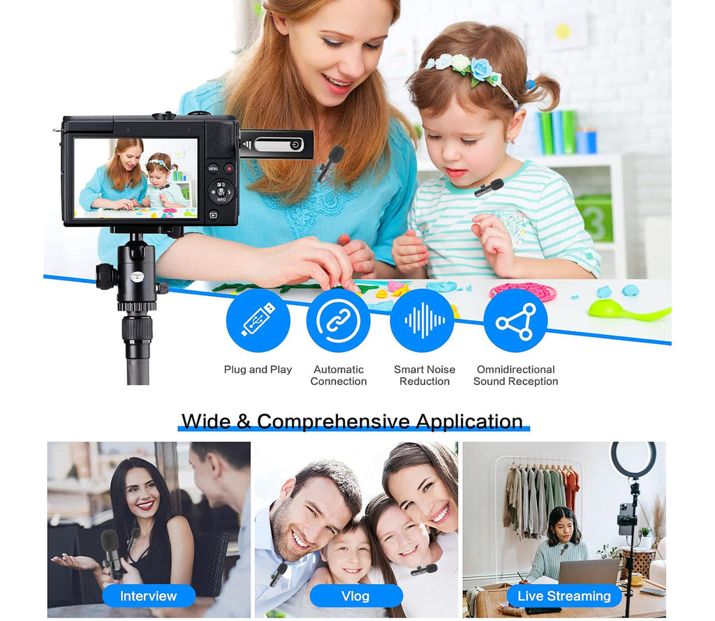 navor Wireless Lavalier Microphone Dual Clip-On for Compatible iPhone Android Camera