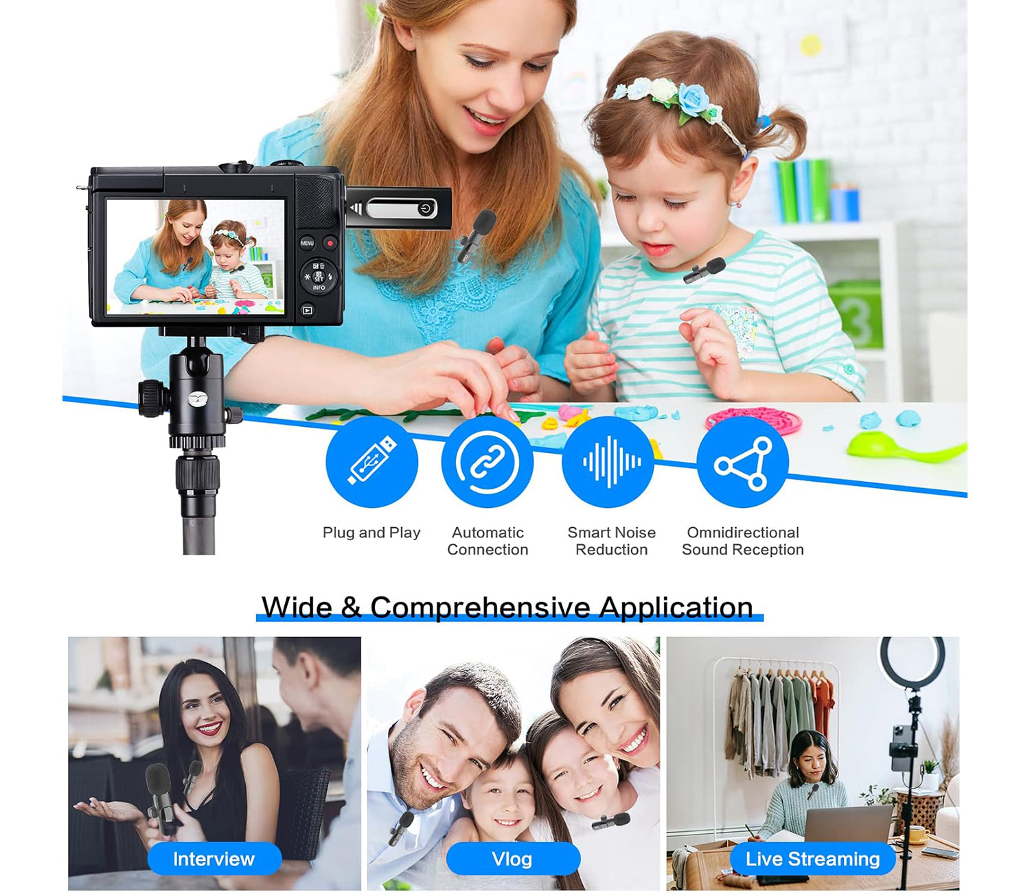 navor Wireless Lavalier Microphone Dual Clip-On for Compatible iPhone Android Camera