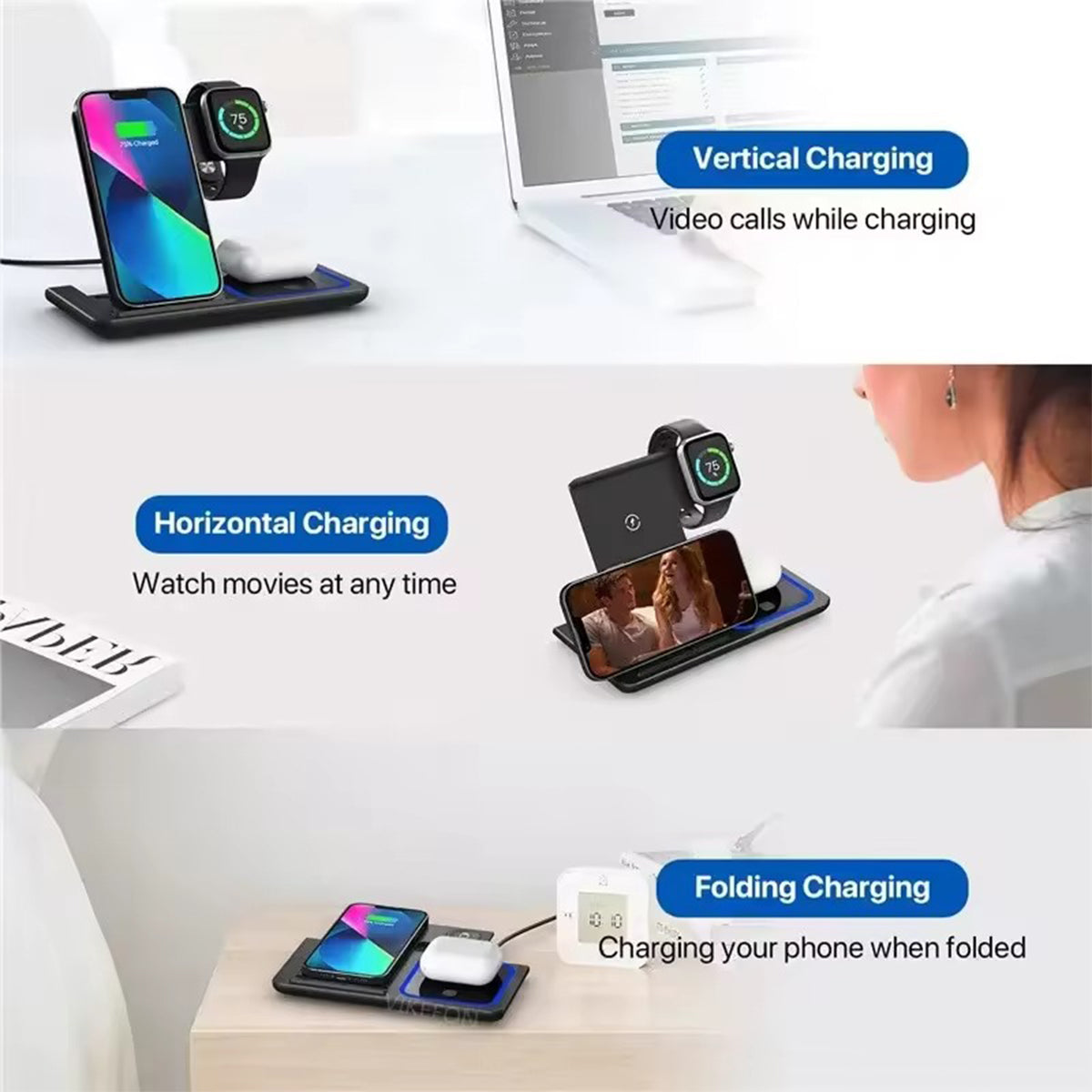 3-in-1 Wireless Charger Station for iPhone 17/16/15/14/13/12/Pro Max, Apple Watch Ultra 11/10/9/8/7/SE/6/5/4/3/2/1 & AirPods 4/3/Pro Samsung S24/S23/S22