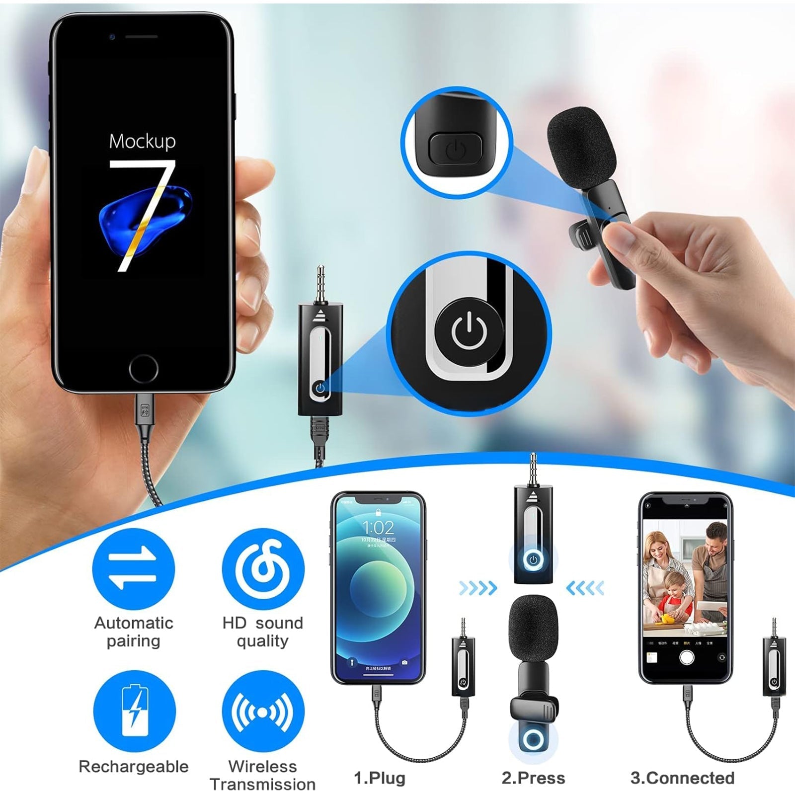 navor Wireless Lavalier Microphone Dual Clip-On for Compatible iPhone Android Camera