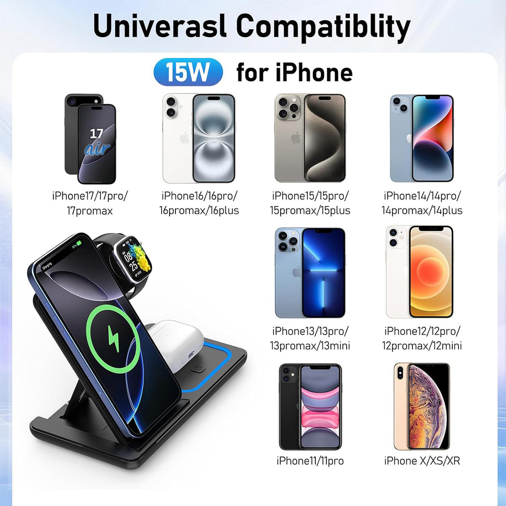 3-in-1 Wireless Charger Station for iPhone 17/16/15/14/13/12/Pro Max, Apple Watch Ultra 11/10/9/8/7/SE/6/5/4/3/2/1 & AirPods 4/3/Pro Samsung S24/S23/S22