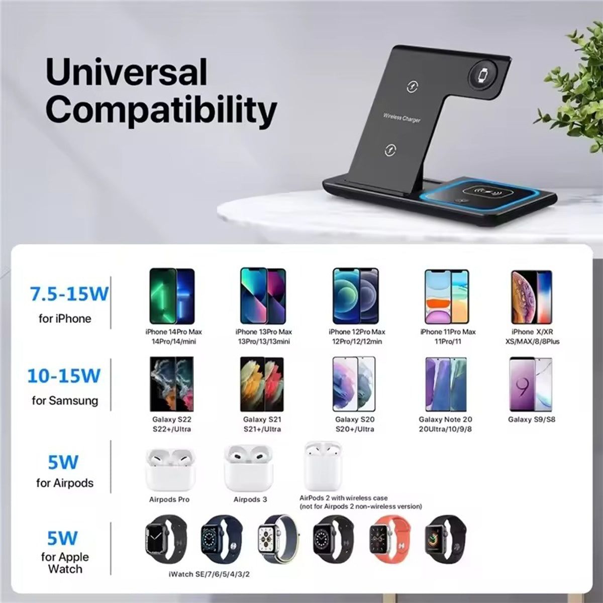 3-in-1 Wireless Charger Station for iPhone 17/16/15/14/13/12/Pro Max, Apple Watch Ultra 11/10/9/8/7/SE/6/5/4/3/2/1 & AirPods 4/3/Pro Samsung S24/S23/S22