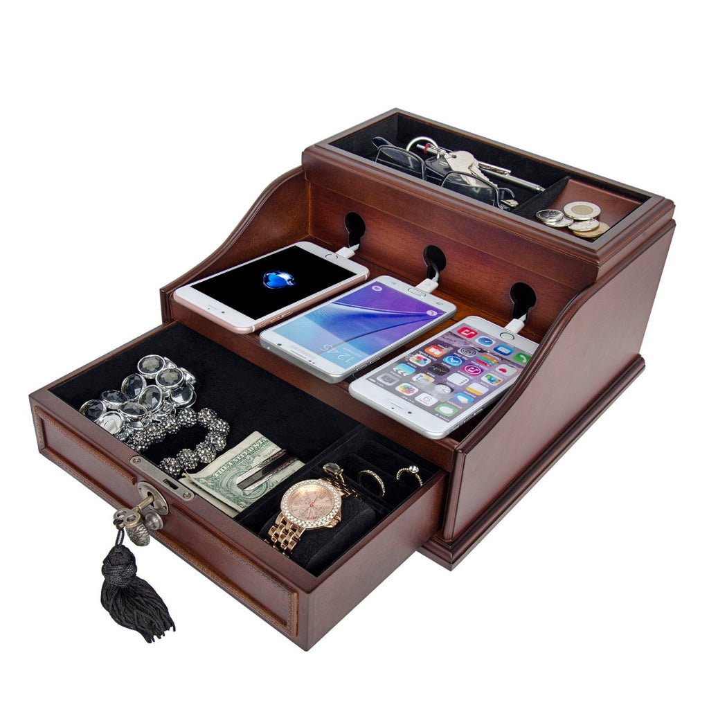 Multi Device Wooden Charging/Docking Station & Organizer with Drawer