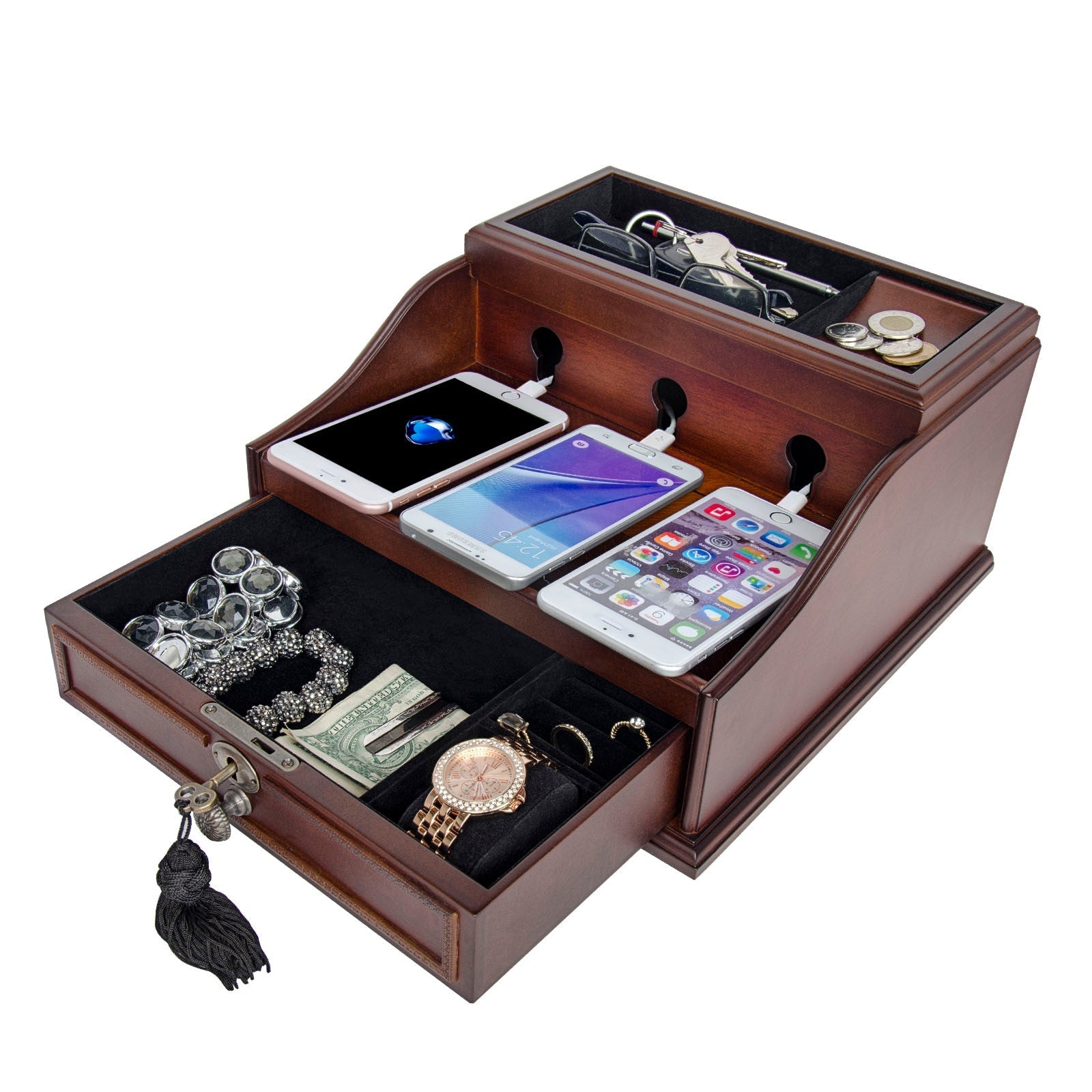 Multi Device Wooden Charging/Docking Station & Organizer with Drawer
